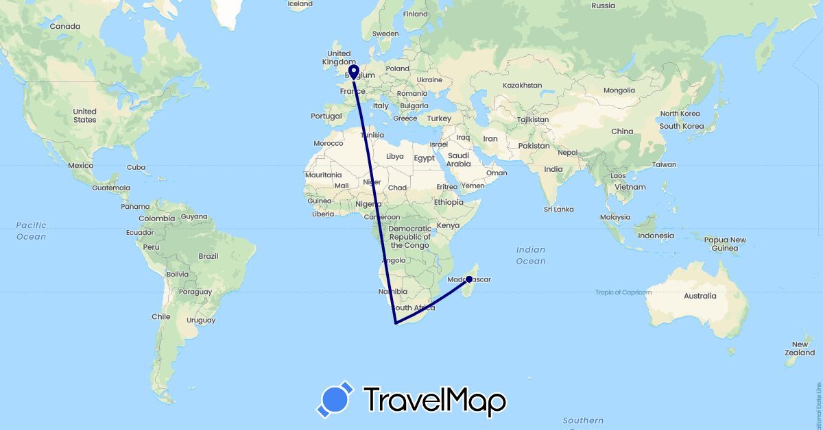 TravelMap itinerary: driving in France, Madagascar, South Africa (Africa, Europe)