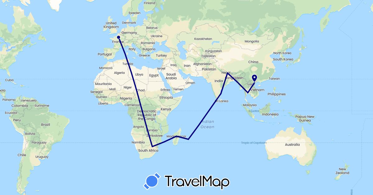 TravelMap itinerary: driving in France, India, Madagascar, Nepal, Thailand, Vietnam, South Africa (Africa, Asia, Europe)
